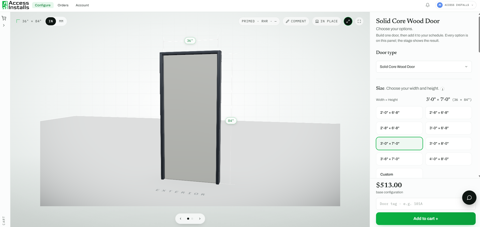 Access Installs door configurator showing a solid core wood door in 3D, with the door type, size and finish options and the running price on the panel beside it.