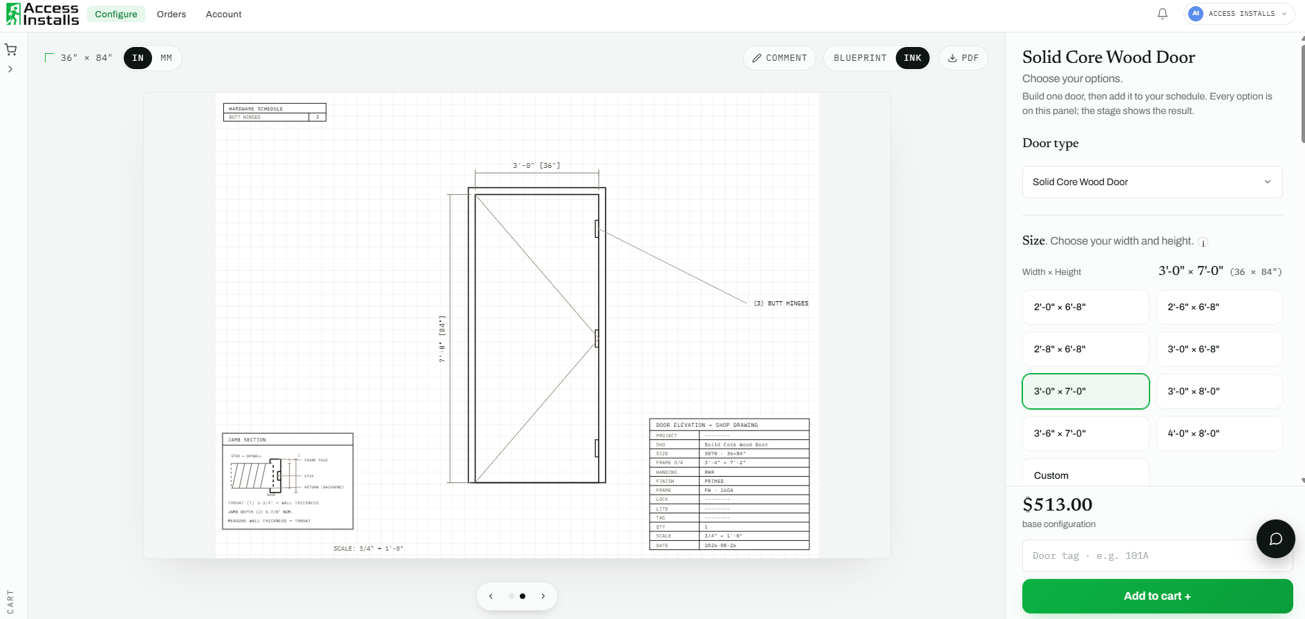 Shop drawing produced by the configurator, on the same screen and beside the same options panel: door elevation with width and height dimensions, hinge callout, jamb section detail, hardware schedule and a spec table listing SKU, size, frame, handing, finish and gauge.